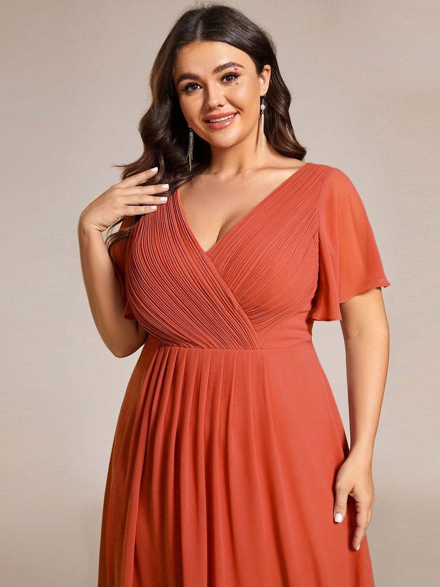 pretty FAYE|Plus Size Double V-Neck Ruffles Sleeve Chiffon Midi Wedding Guest Dress