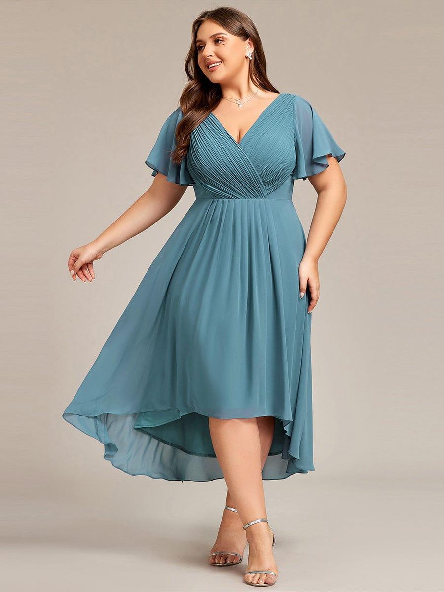 pretty FAYE|Plus Size Double V-Neck Ruffles Sleeve Chiffon Midi Wedding Guest Dress