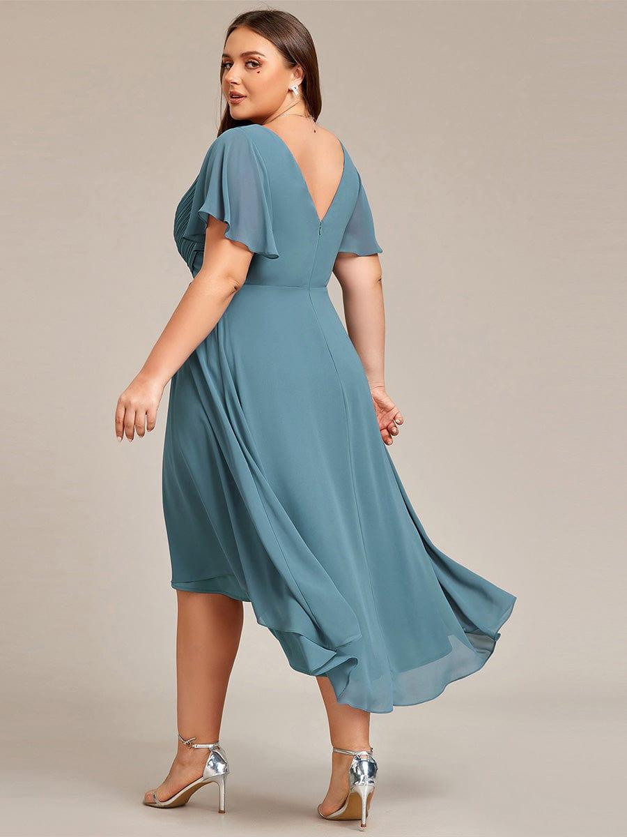 pretty FAYE|Plus Size Double V-Neck Ruffles Sleeve Chiffon Midi Wedding Guest Dress