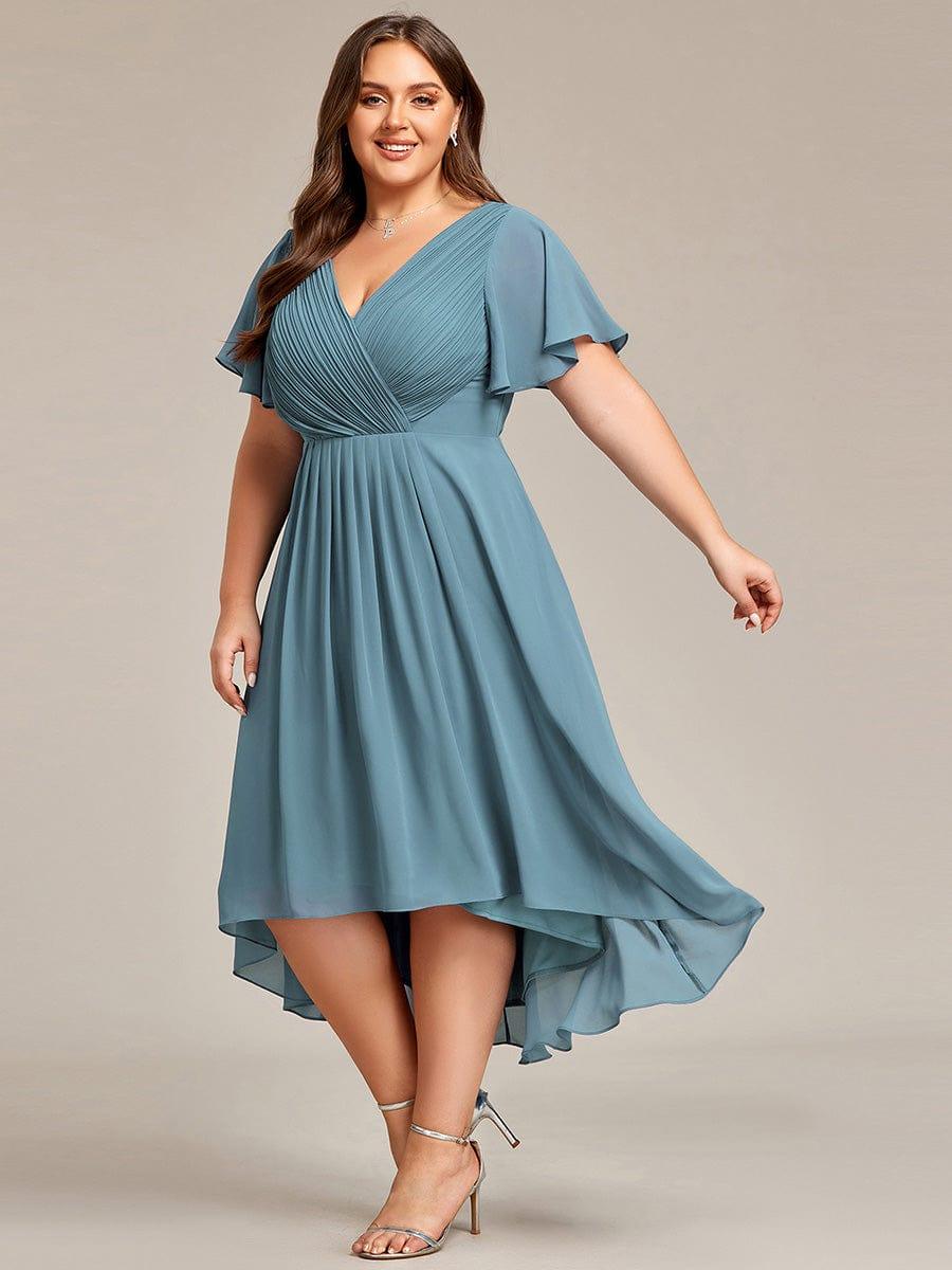 pretty FAYE|Plus Size Double V-Neck Ruffles Sleeve Chiffon Midi Wedding Guest Dress