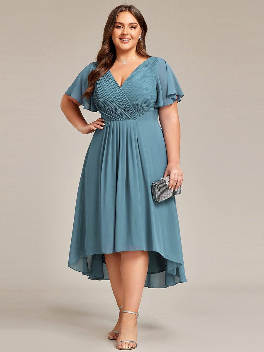 pretty FAYE|Plus Size Double V-Neck Ruffles Sleeve Chiffon Midi Wedding Guest Dress