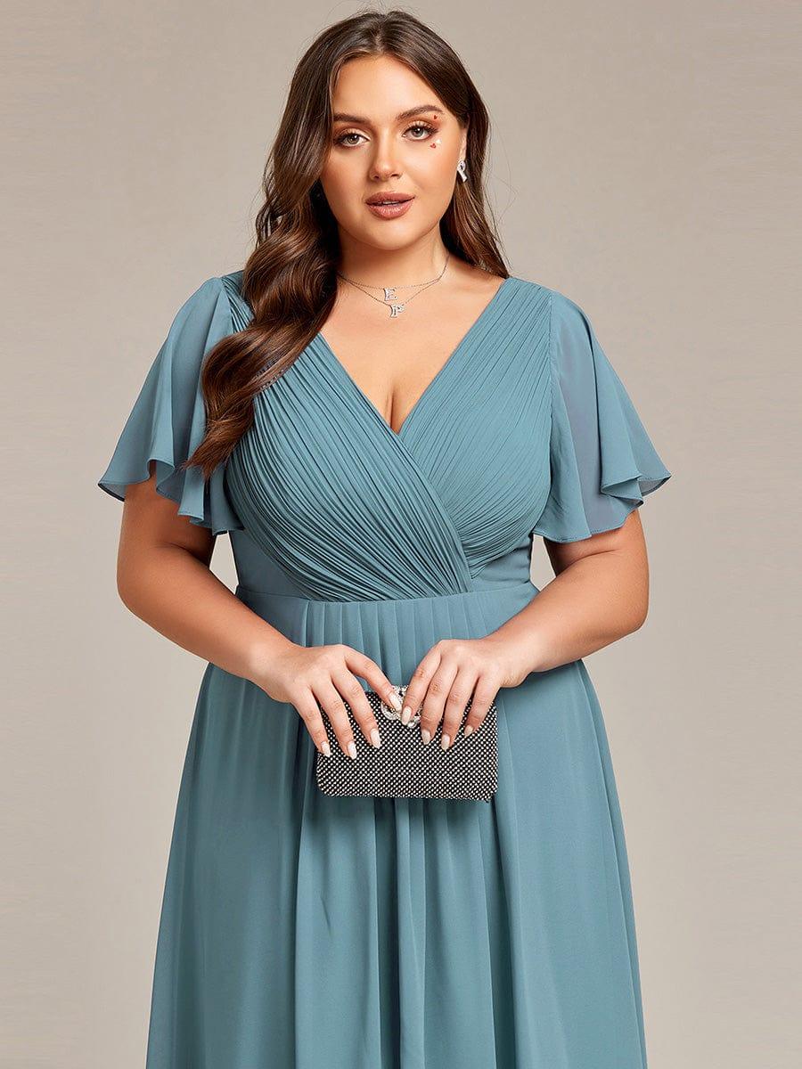pretty FAYE|Plus Size Double V-Neck Ruffles Sleeve Chiffon Midi Wedding Guest Dress