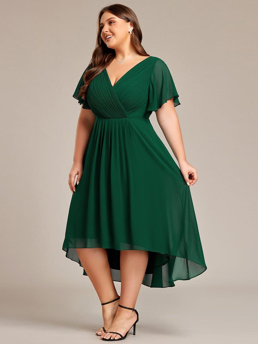 pretty FAYE|Plus Size Double V-Neck Ruffles Sleeve Chiffon Midi Wedding Guest Dress