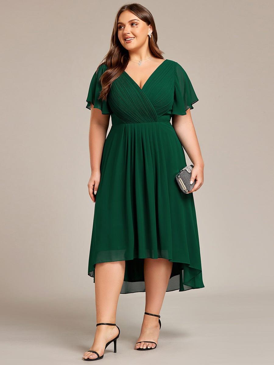 pretty FAYE|Plus Size Double V-Neck Ruffles Sleeve Chiffon Midi Wedding Guest Dress