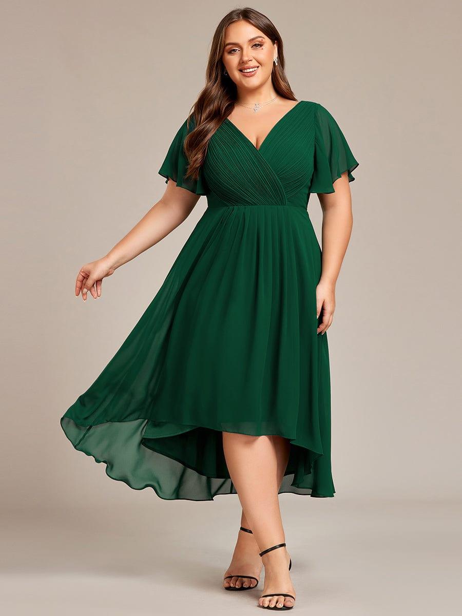 pretty FAYE|Plus Size Double V-Neck Ruffles Sleeve Chiffon Midi Wedding Guest Dress