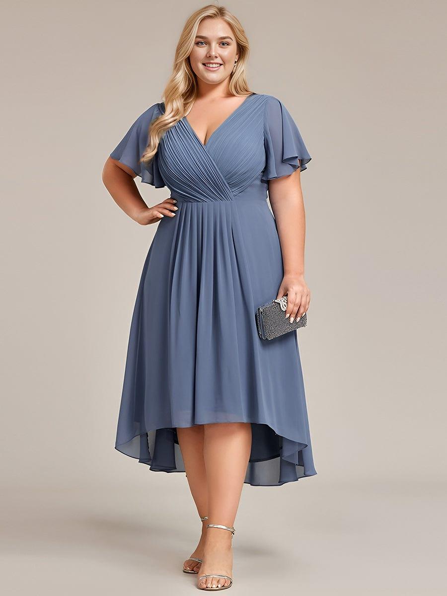 pretty FAYE|Plus Size Double V-Neck Ruffles Sleeve Chiffon Midi Wedding Guest Dress