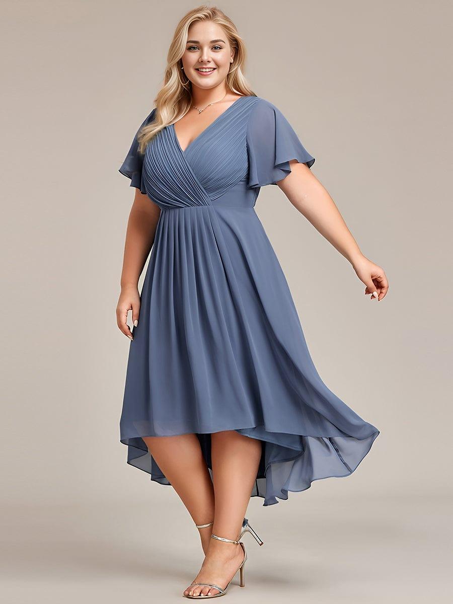pretty FAYE|Plus Size Double V-Neck Ruffles Sleeve Chiffon Midi Wedding Guest Dress