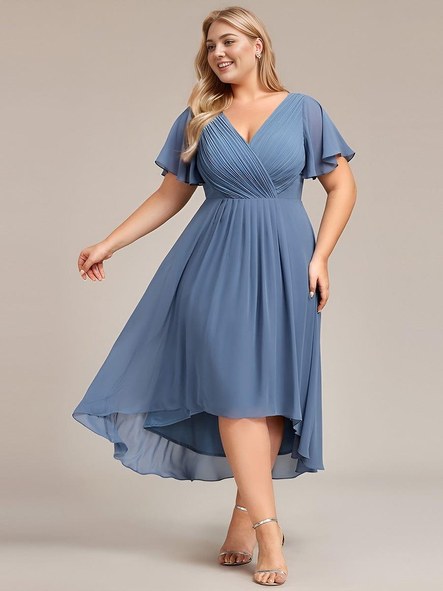 pretty FAYE|Plus Size Double V-Neck Ruffles Sleeve Chiffon Midi Wedding Guest Dress