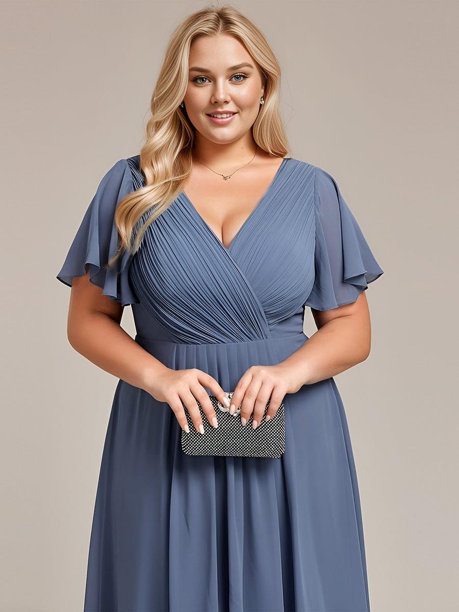 pretty FAYE|Plus Size Double V-Neck Ruffles Sleeve Chiffon Midi Wedding Guest Dress