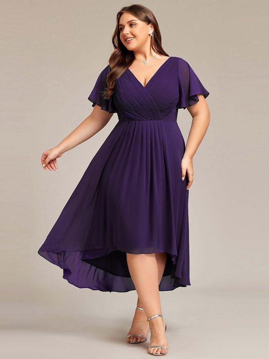 pretty FAYE|Plus Size Double V-Neck Ruffles Sleeve Chiffon Midi Wedding Guest Dress