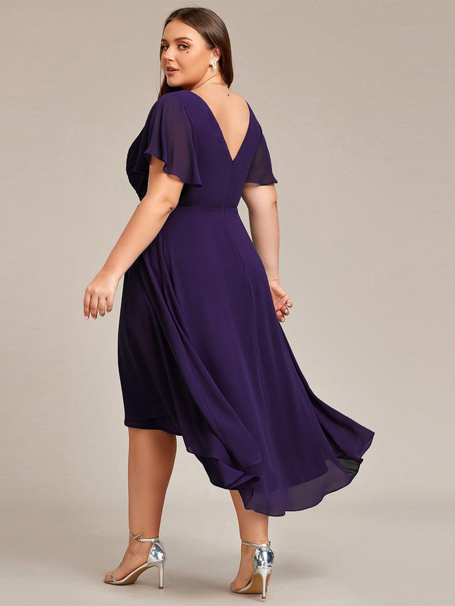 pretty FAYE|Plus Size Double V-Neck Ruffles Sleeve Chiffon Midi Wedding Guest Dress