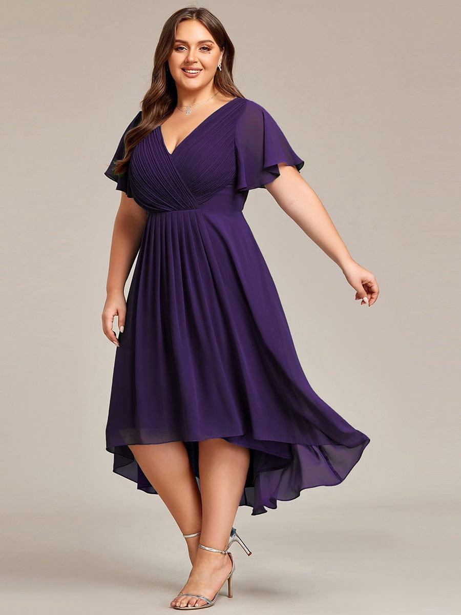 pretty FAYE|Plus Size Double V-Neck Ruffles Sleeve Chiffon Midi Wedding Guest Dress