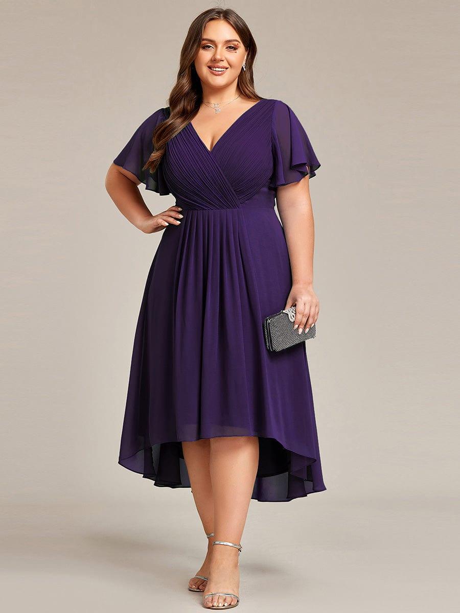 pretty FAYE|Plus Size Double V-Neck Ruffles Sleeve Chiffon Midi Wedding Guest Dress