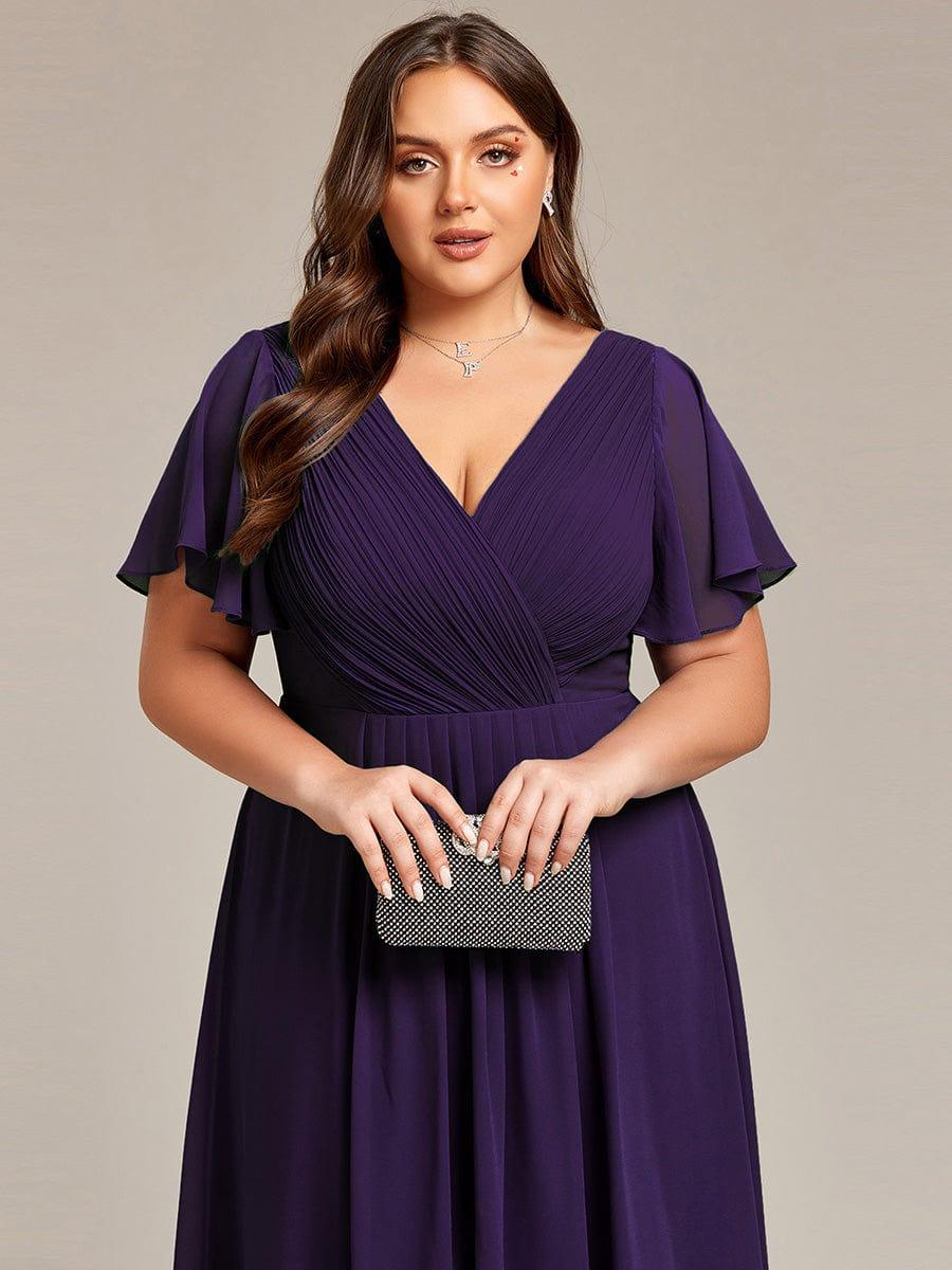 pretty FAYE|Plus Size Double V-Neck Ruffles Sleeve Chiffon Midi Wedding Guest Dress