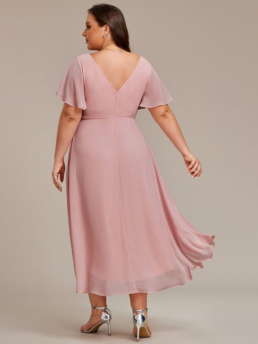 pretty FAYE|Plus Size Double V-Neck Ruffles Sleeve Chiffon Midi Wedding Guest Dress
