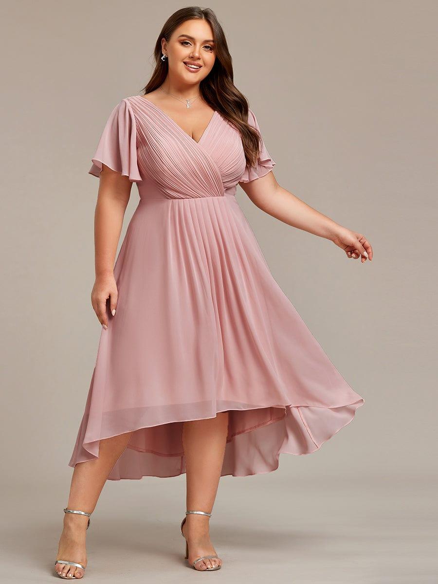 pretty FAYE|Plus Size Double V-Neck Ruffles Sleeve Chiffon Midi Wedding Guest Dress