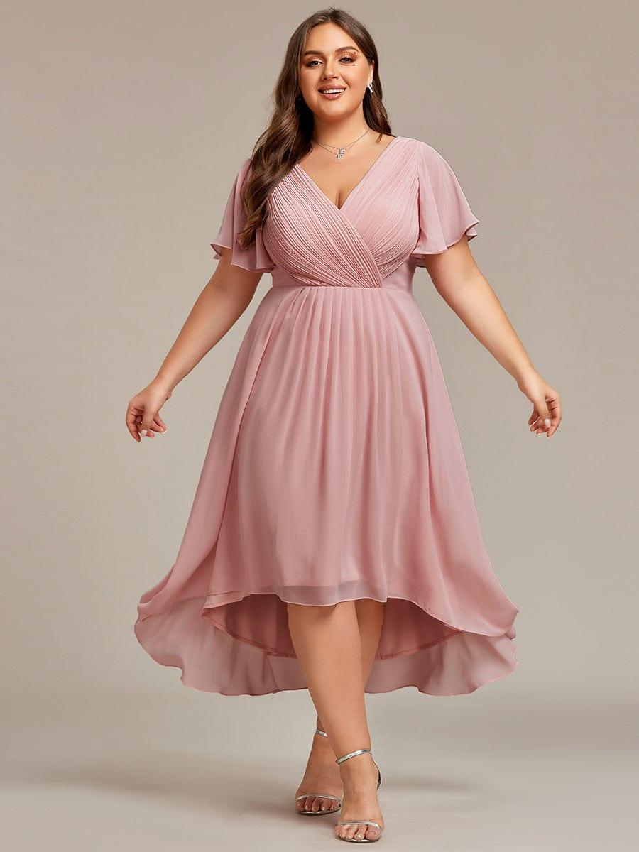 pretty FAYE|Plus Size Double V-Neck Ruffles Sleeve Chiffon Midi Wedding Guest Dress