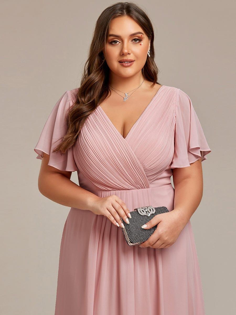 pretty FAYE|Plus Size Double V-Neck Ruffles Sleeve Chiffon Midi Wedding Guest Dress