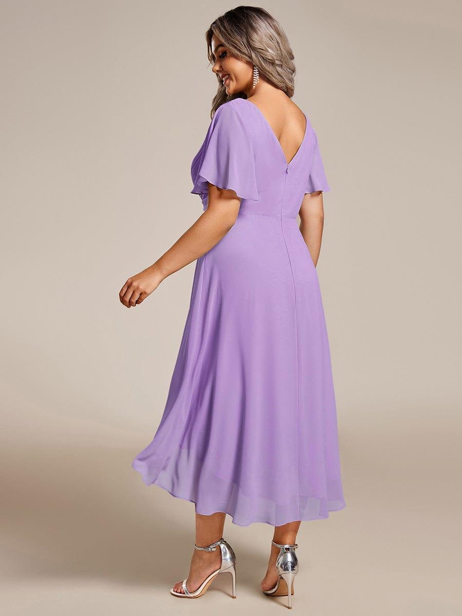pretty FAYE|Plus Size Double V-Neck Ruffles Sleeve Chiffon Midi Wedding Guest Dress