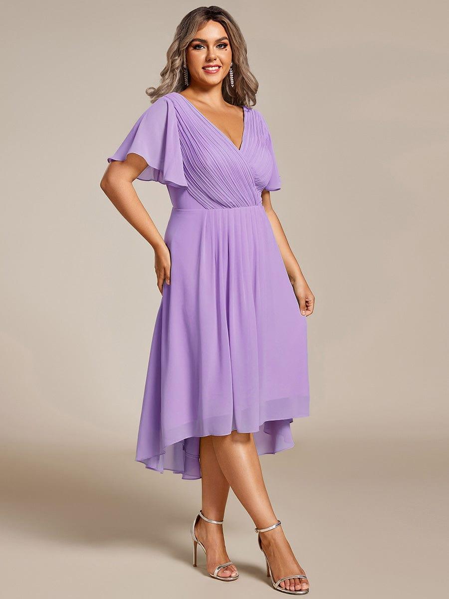 pretty FAYE|Plus Size Double V-Neck Ruffles Sleeve Chiffon Midi Wedding Guest Dress