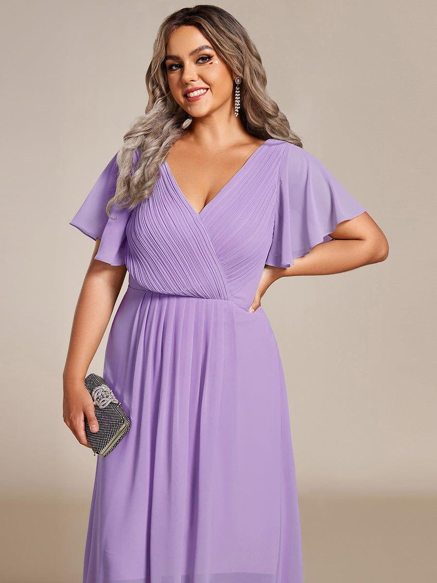 pretty FAYE|Plus Size Double V-Neck Ruffles Sleeve Chiffon Midi Wedding Guest Dress