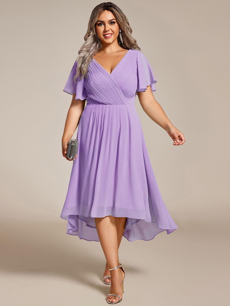 pretty FAYE|Plus Size Double V-Neck Ruffles Sleeve Chiffon Midi Wedding Guest Dress