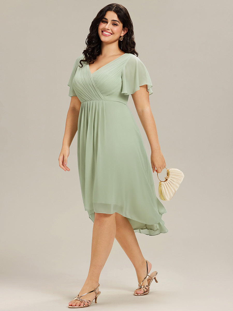 pretty FAYE|Plus Size Double V-Neck Ruffles Sleeve Chiffon Midi Wedding Guest Dress
