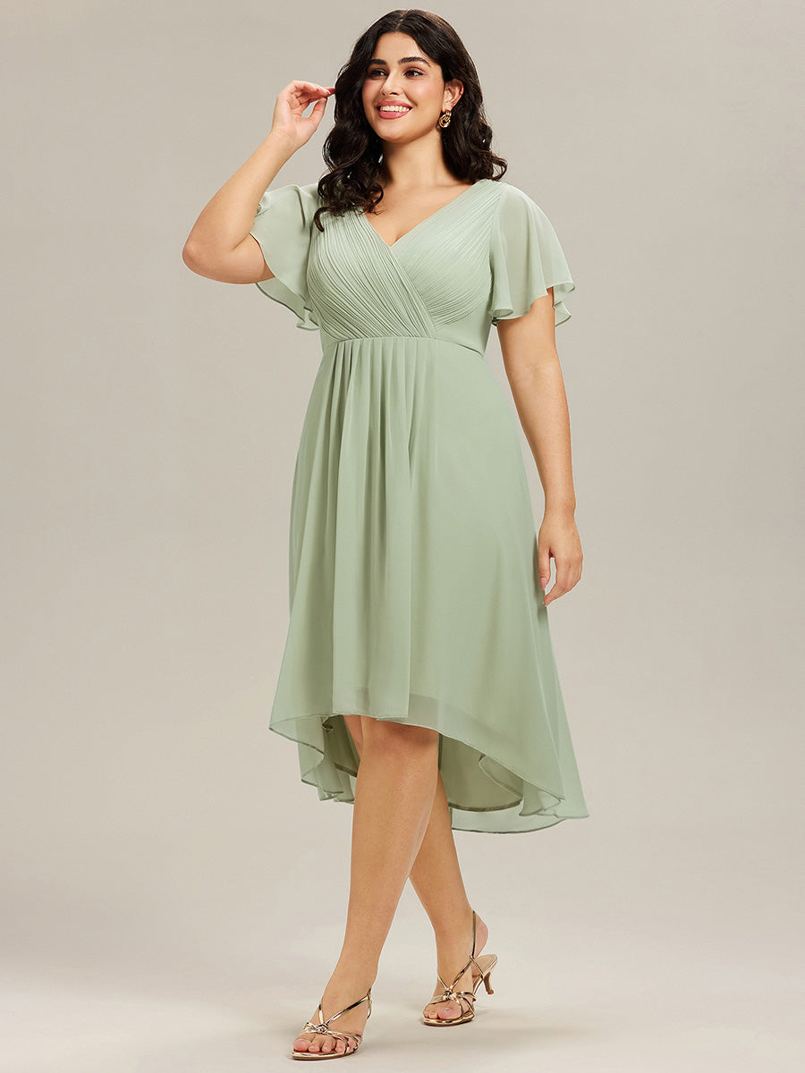 pretty FAYE|Plus Size Double V-Neck Ruffles Sleeve Chiffon Midi Wedding Guest Dress