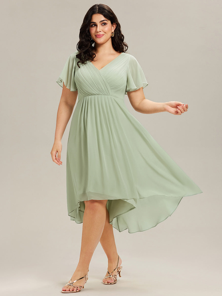 pretty FAYE|Plus Size Double V-Neck Ruffles Sleeve Chiffon Midi Wedding Guest Dress
