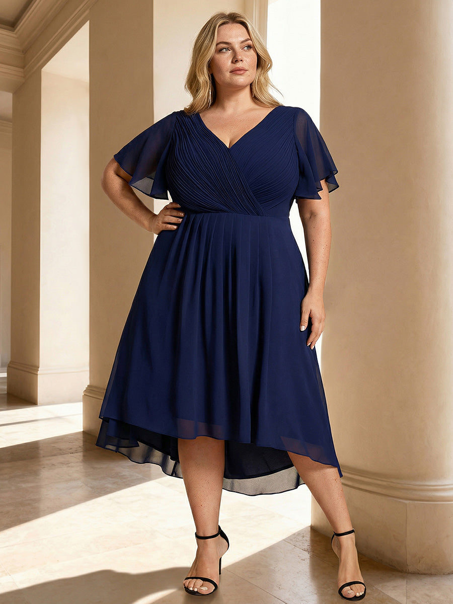 pretty FAYE|Plus Size Double V-Neck Ruffles Sleeve Chiffon Midi Wedding Guest Dress