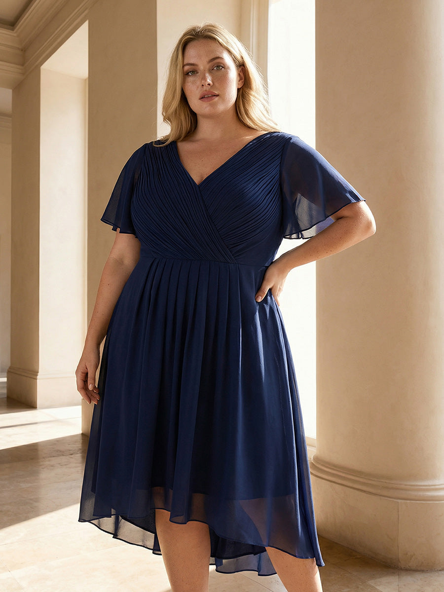 pretty FAYE|Plus Size Double V-Neck Ruffles Sleeve Chiffon Midi Wedding Guest Dress