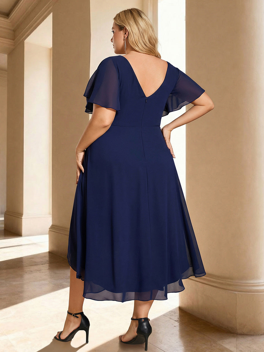 pretty FAYE|Plus Size Double V-Neck Ruffles Sleeve Chiffon Midi Wedding Guest Dress