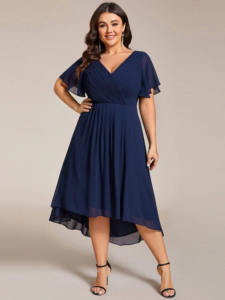 pretty FAYE|Plus Size Double V-Neck Ruffles Sleeve Chiffon Midi Wedding Guest Dress
