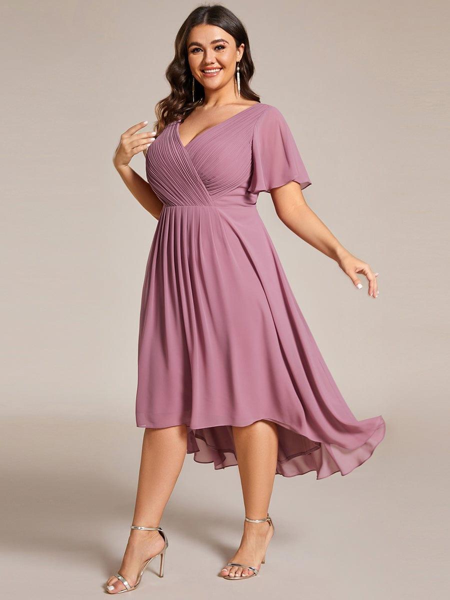 pretty FAYE|Plus Size Double V-Neck Ruffles Sleeve Chiffon Midi Wedding Guest Dress