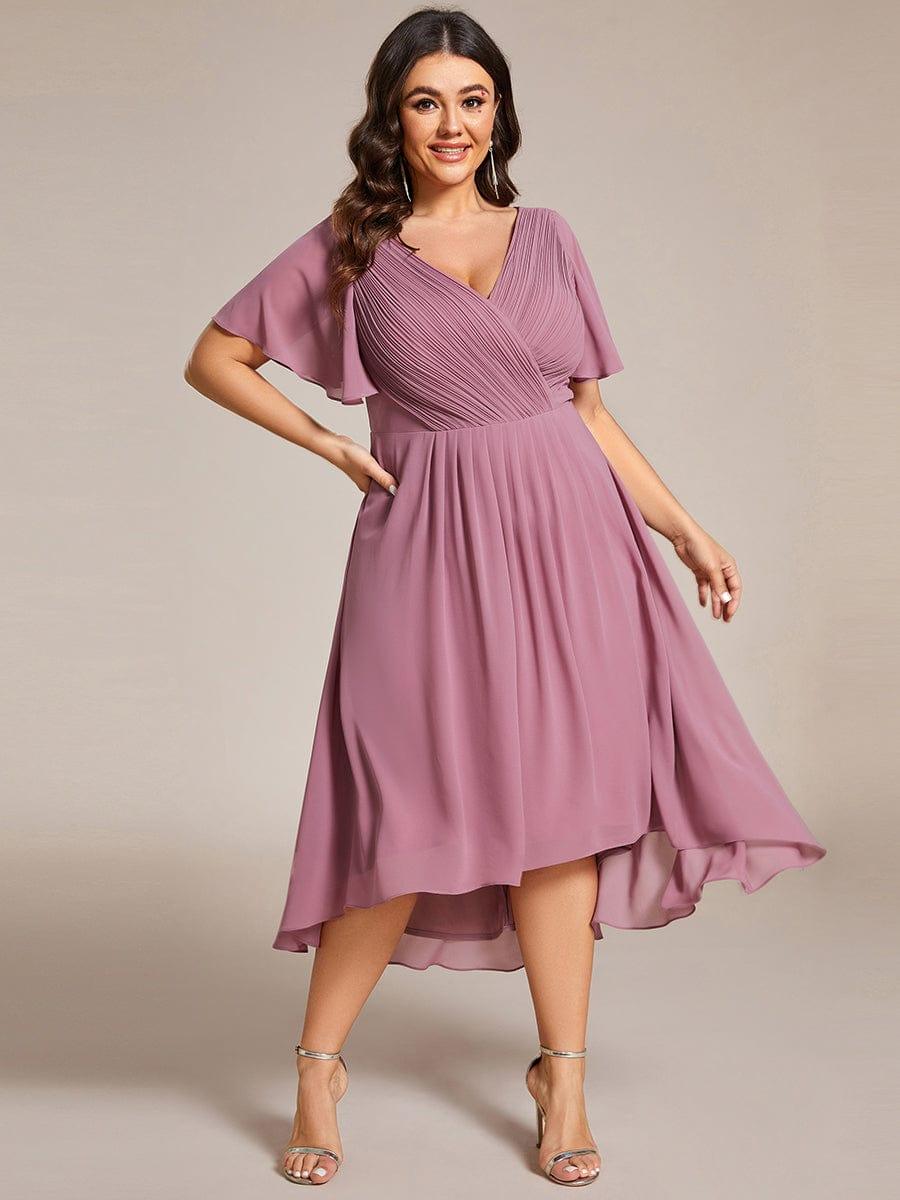 pretty FAYE|Plus Size Double V-Neck Ruffles Sleeve Chiffon Midi Wedding Guest Dress