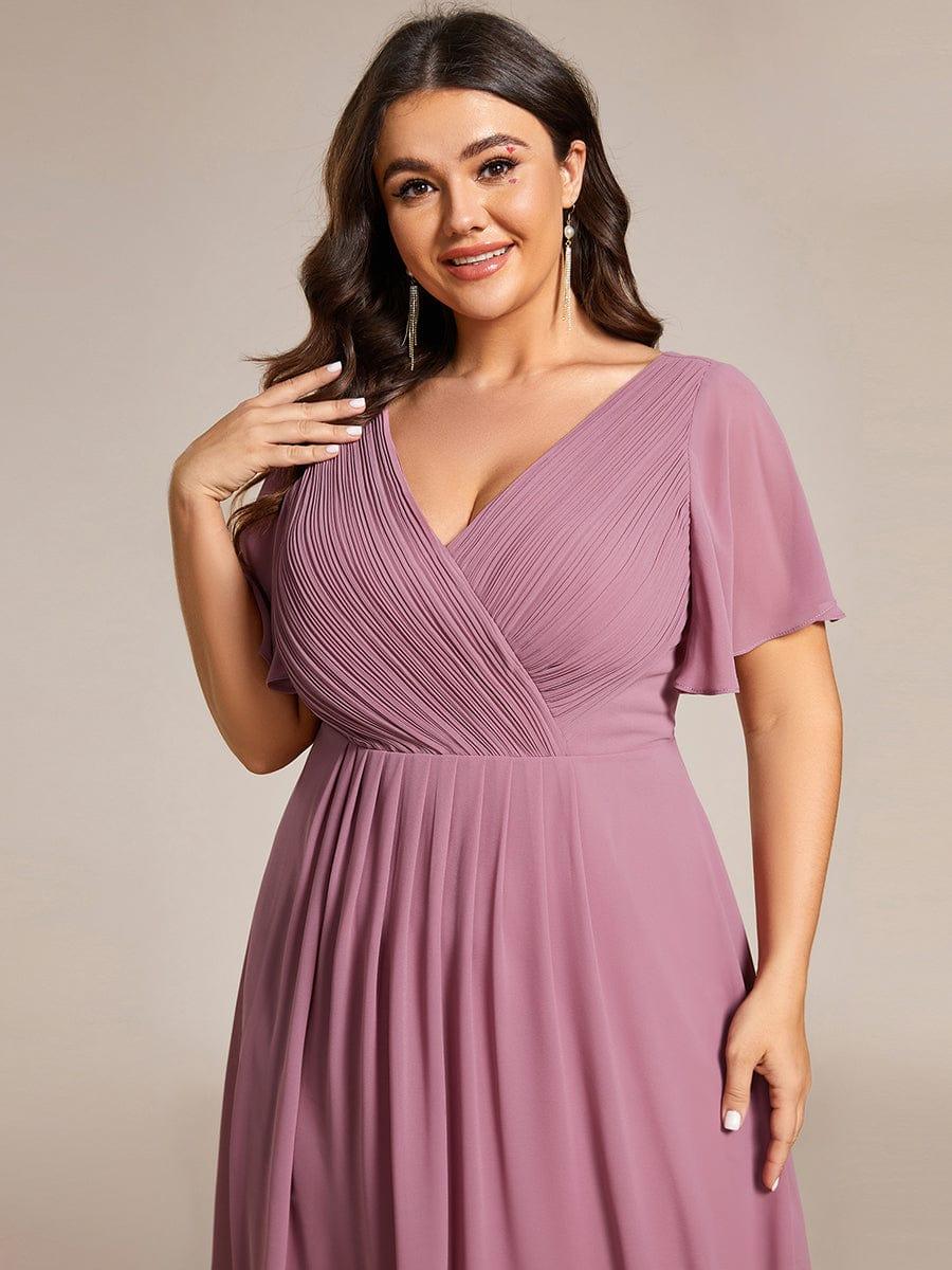 pretty FAYE|Plus Size Double V-Neck Ruffles Sleeve Chiffon Midi Wedding Guest Dress