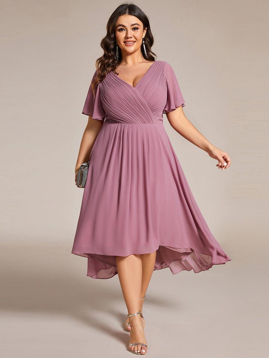 pretty FAYE|Plus Size Double V-Neck Ruffles Sleeve Chiffon Midi Wedding Guest Dress