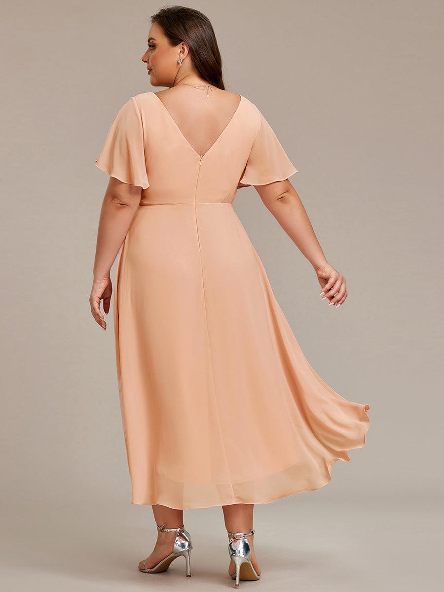 pretty FAYE|Plus Size Double V-Neck Ruffles Sleeve Chiffon Midi Wedding Guest Dress
