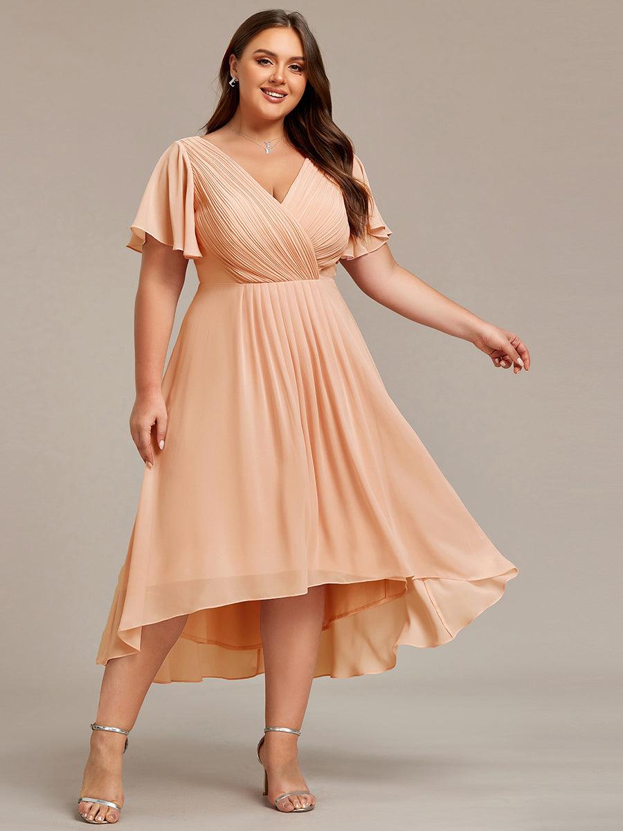pretty FAYE|Plus Size Double V-Neck Ruffles Sleeve Chiffon Midi Wedding Guest Dress