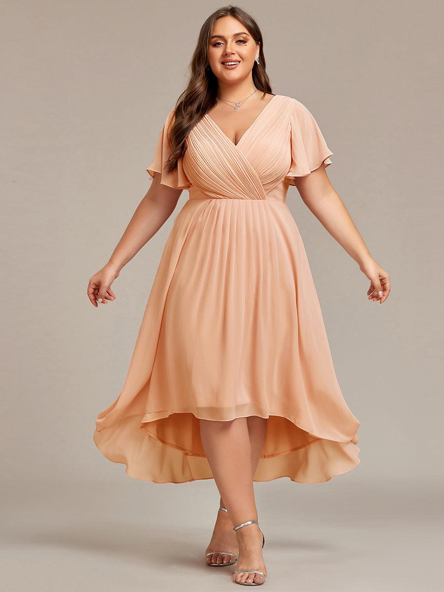 pretty FAYE|Plus Size Double V-Neck Ruffles Sleeve Chiffon Midi Wedding Guest Dress
