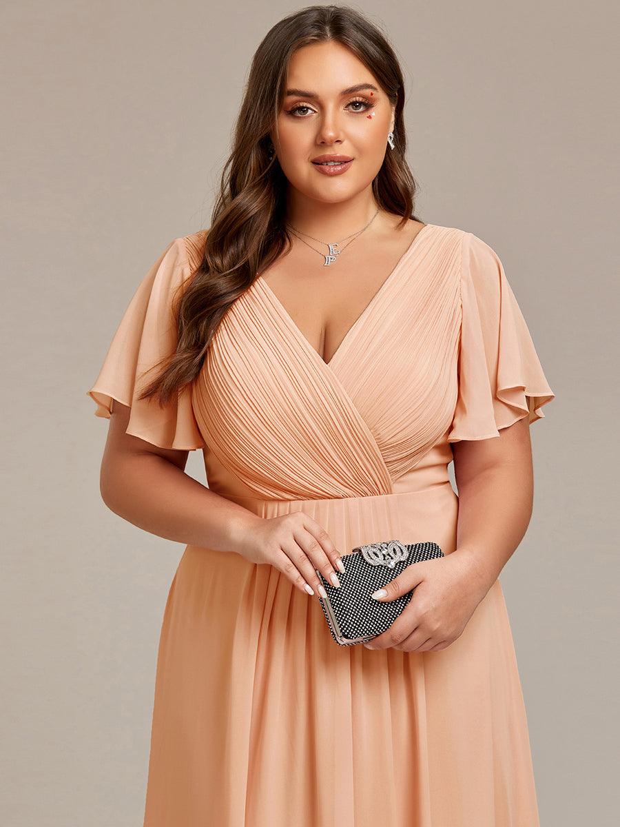 pretty FAYE|Plus Size Double V-Neck Ruffles Sleeve Chiffon Midi Wedding Guest Dress