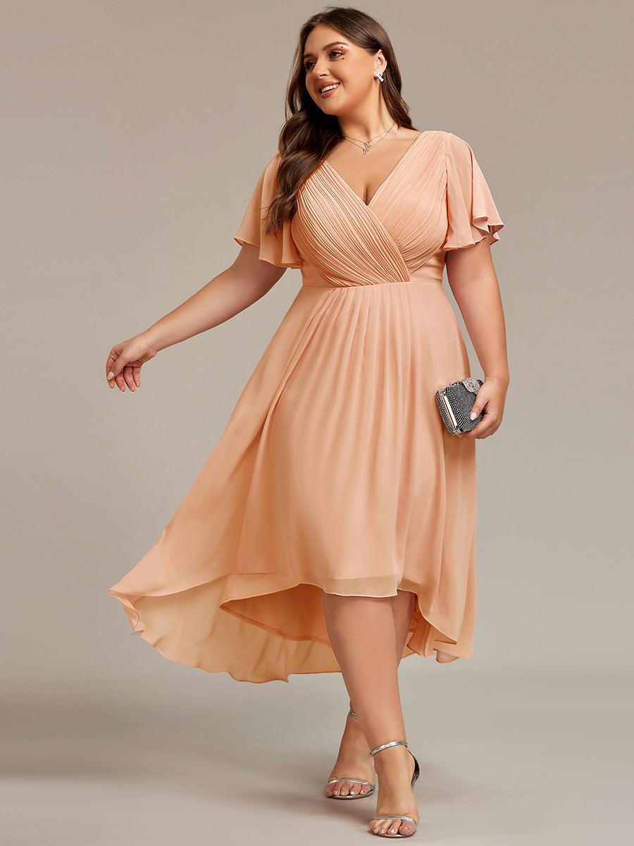 pretty FAYE|Plus Size Double V-Neck Ruffles Sleeve Chiffon Midi Wedding Guest Dress