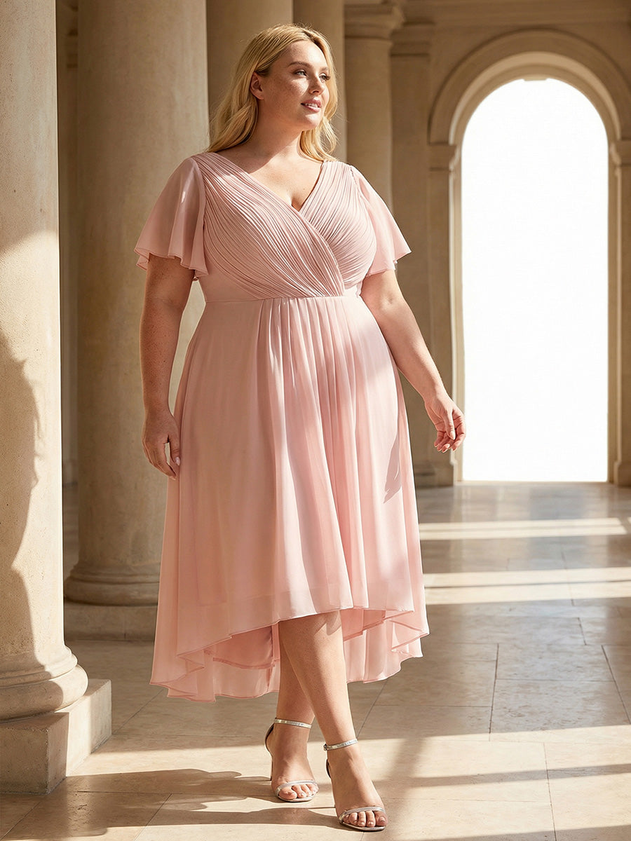 pretty FAYE|Plus Size Double V-Neck Ruffles Sleeve Chiffon Midi Wedding Guest Dress
