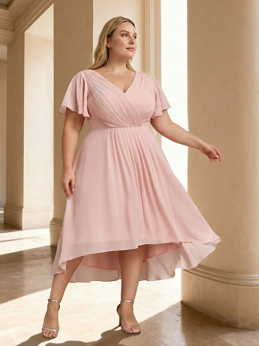 pretty FAYE|Plus Size Double V-Neck Ruffles Sleeve Chiffon Midi Wedding Guest Dress