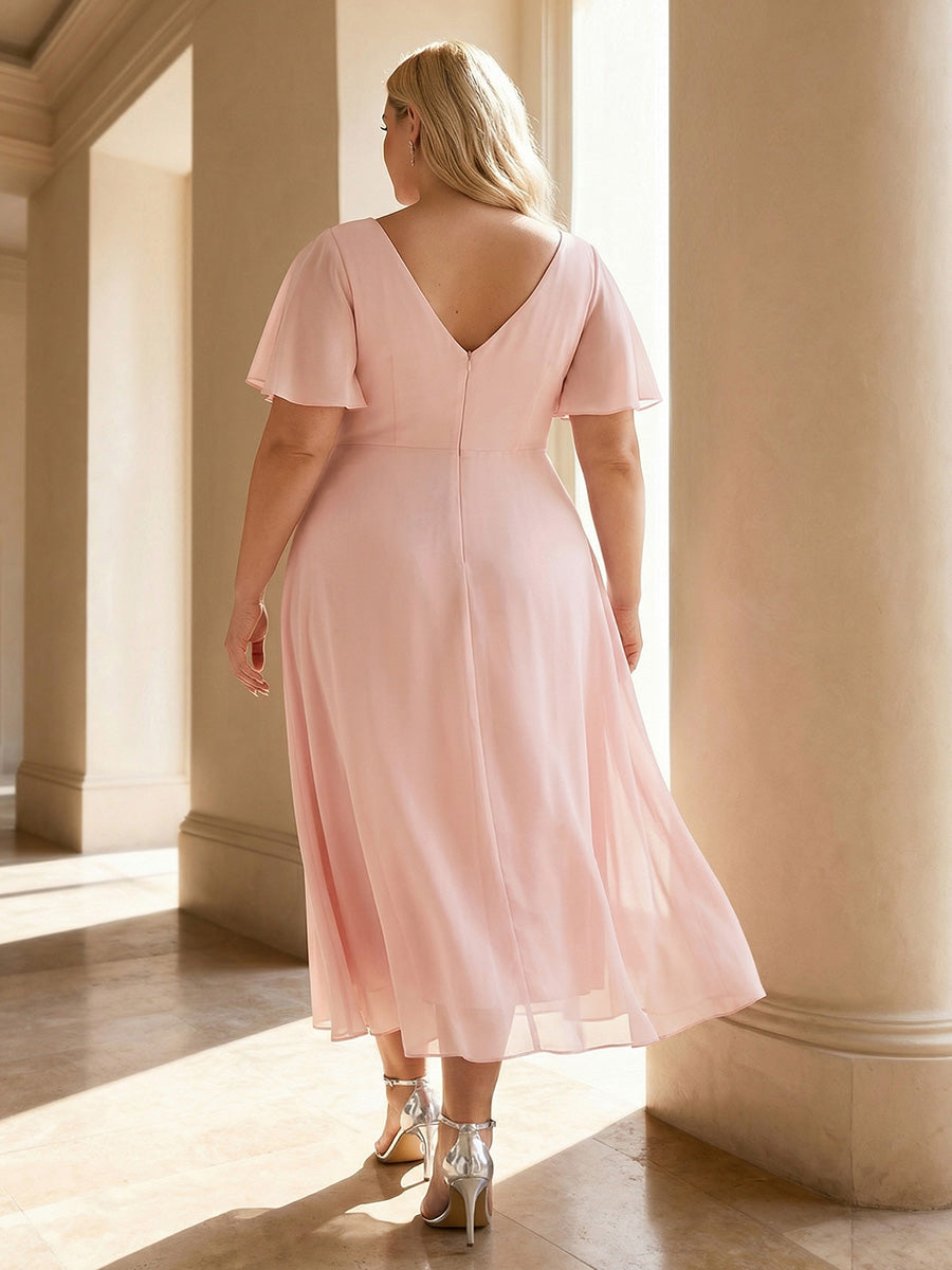 pretty FAYE|Plus Size Double V-Neck Ruffles Sleeve Chiffon Midi Wedding Guest Dress