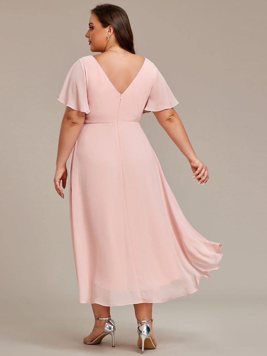 pretty FAYE|Plus Size Double V-Neck Ruffles Sleeve Chiffon Midi Wedding Guest Dress
