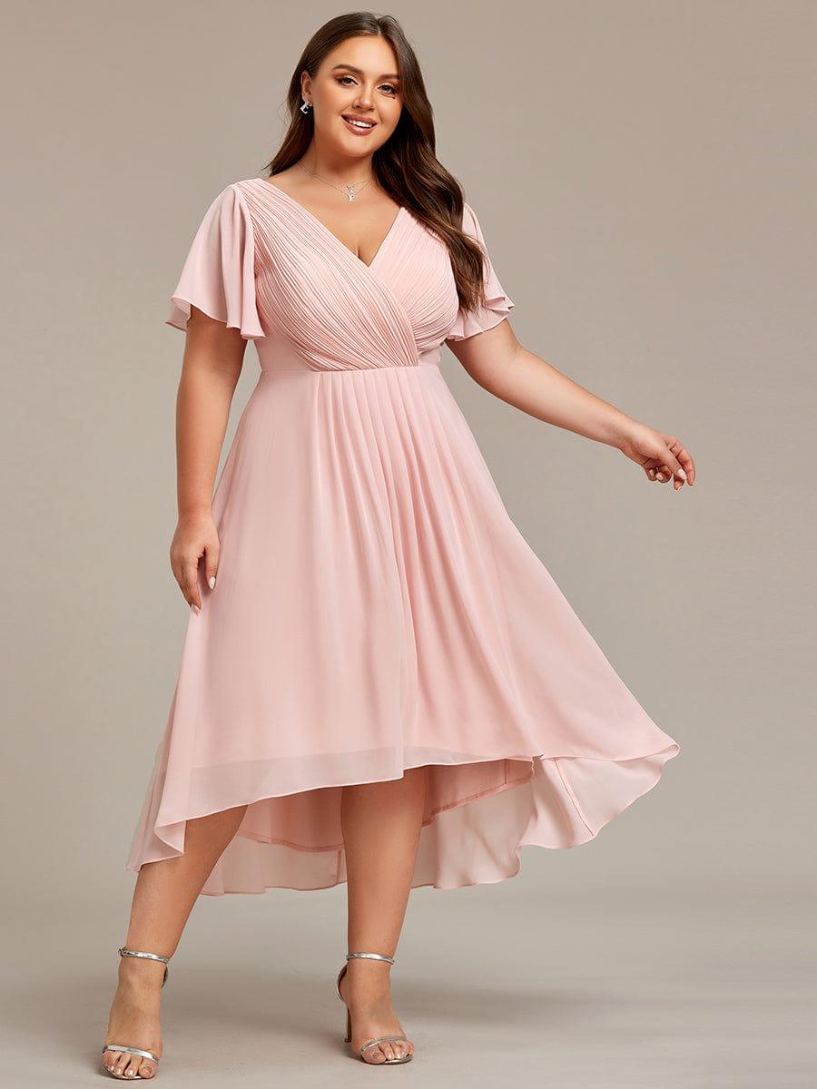pretty FAYE|Plus Size Double V-Neck Ruffles Sleeve Chiffon Midi Wedding Guest Dress