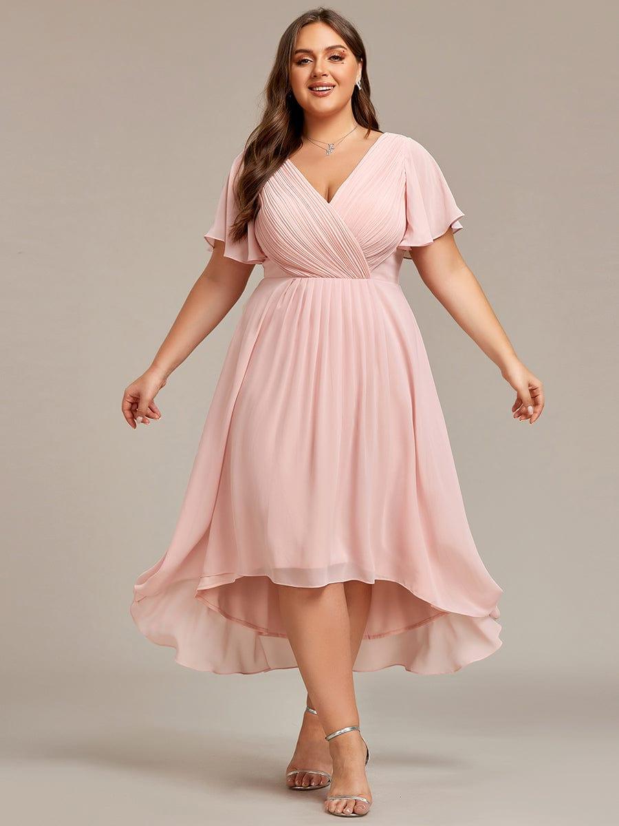 pretty FAYE|Plus Size Double V-Neck Ruffles Sleeve Chiffon Midi Wedding Guest Dress