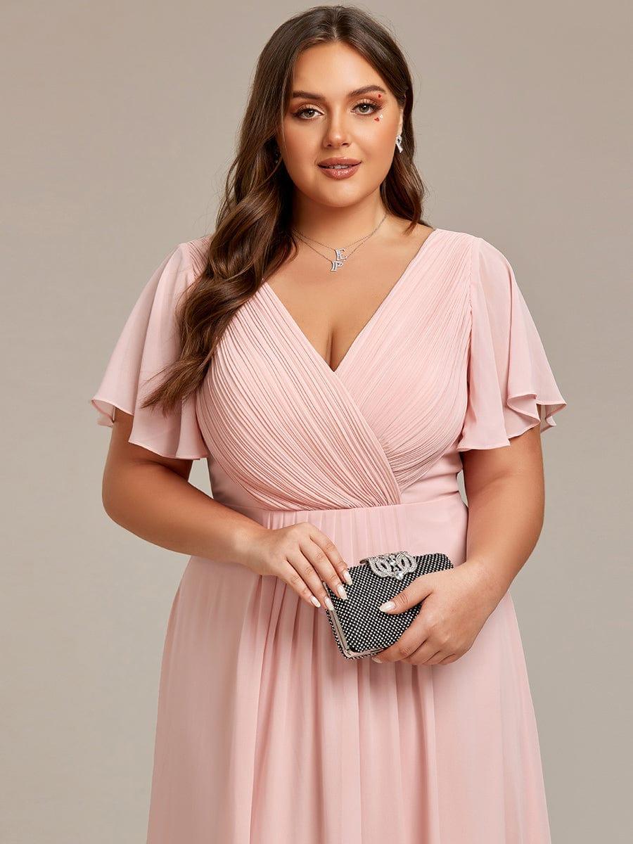 pretty FAYE|Plus Size Double V-Neck Ruffles Sleeve Chiffon Midi Wedding Guest Dress