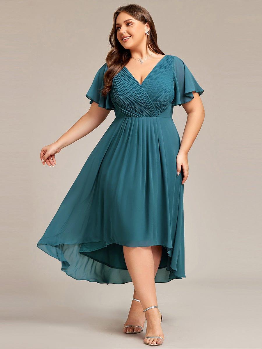 pretty FAYE|Plus Size Double V-Neck Ruffles Sleeve Chiffon Midi Wedding Guest Dress